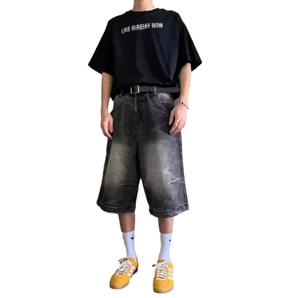 Men’s loose straight-leg washed denim shorts in blue side view