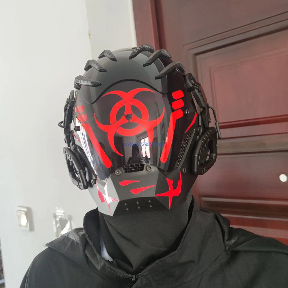 Black full face creative prop mask helmet with cyberpunk design for Halloween costumes