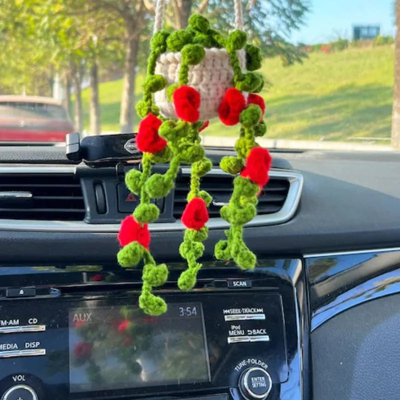 Green and white knitted wool succulent car ornament with 8cm base and hanging cord