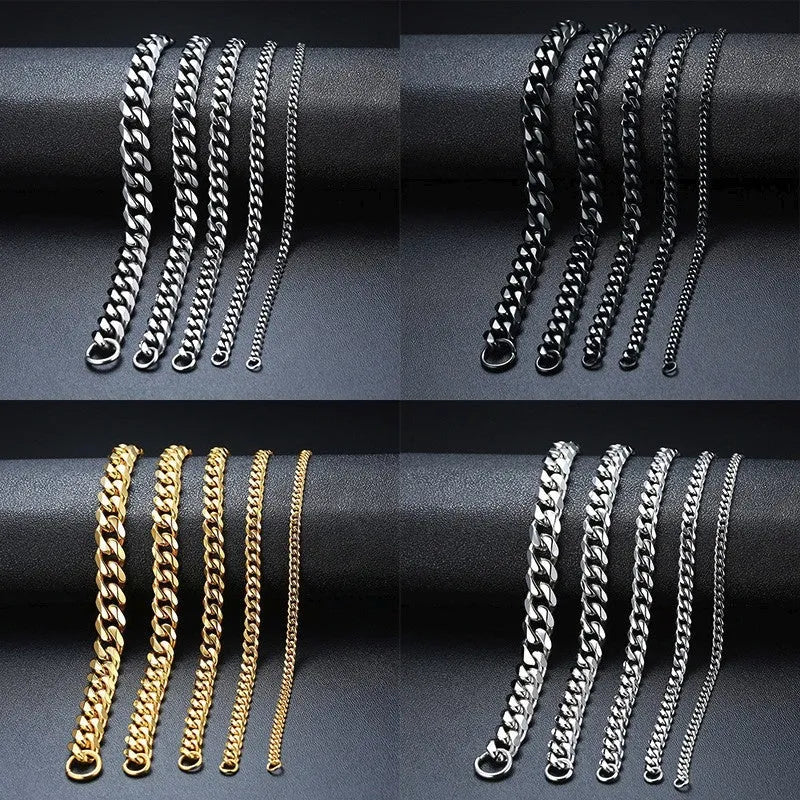 Geometric six-sided Cuban link metal bracelet in gold colour on a wrist.