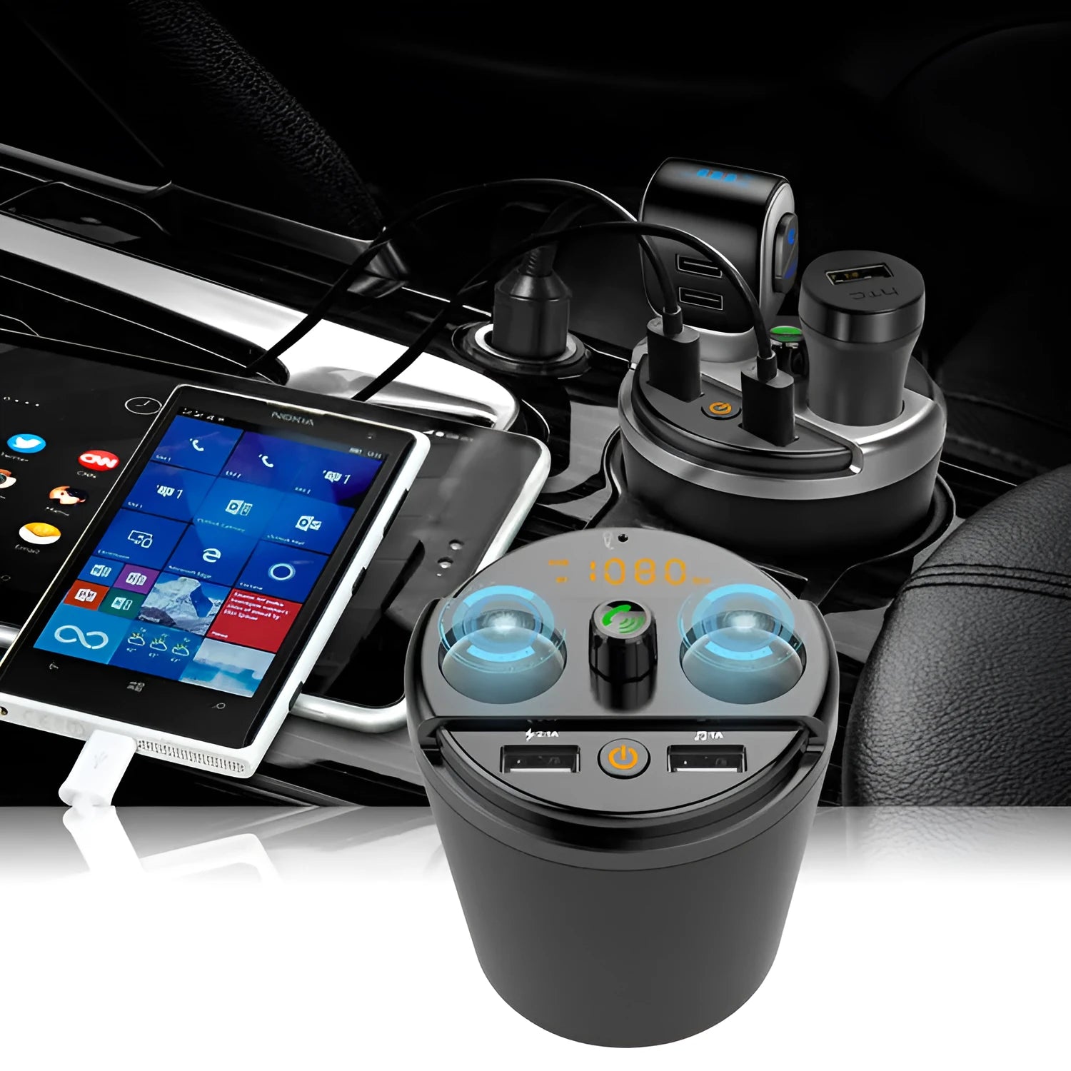 Car Bluetooth MP3 player FM transmitter with dual USB charger in cup holder design available in black grey gold
