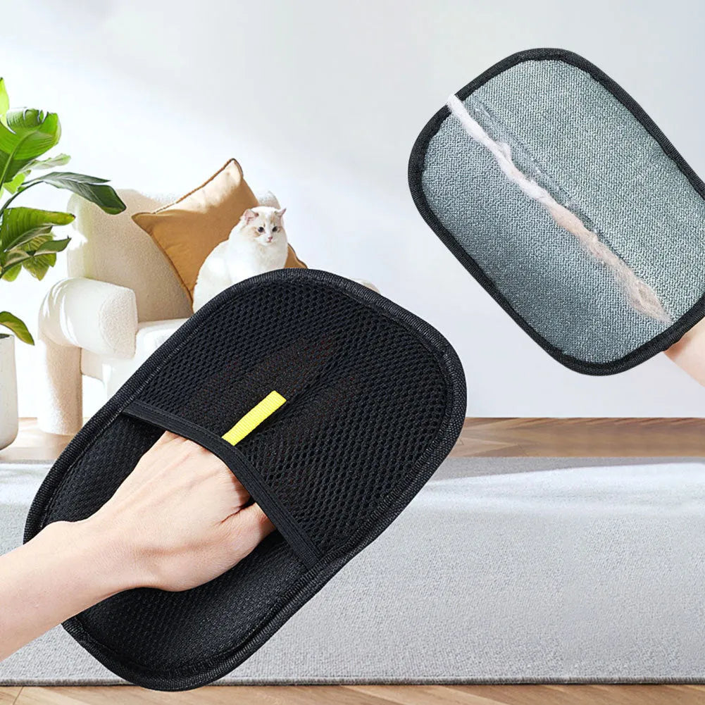 Black pet grooming gloves with silicone bristles for removing hair from dogs and cats