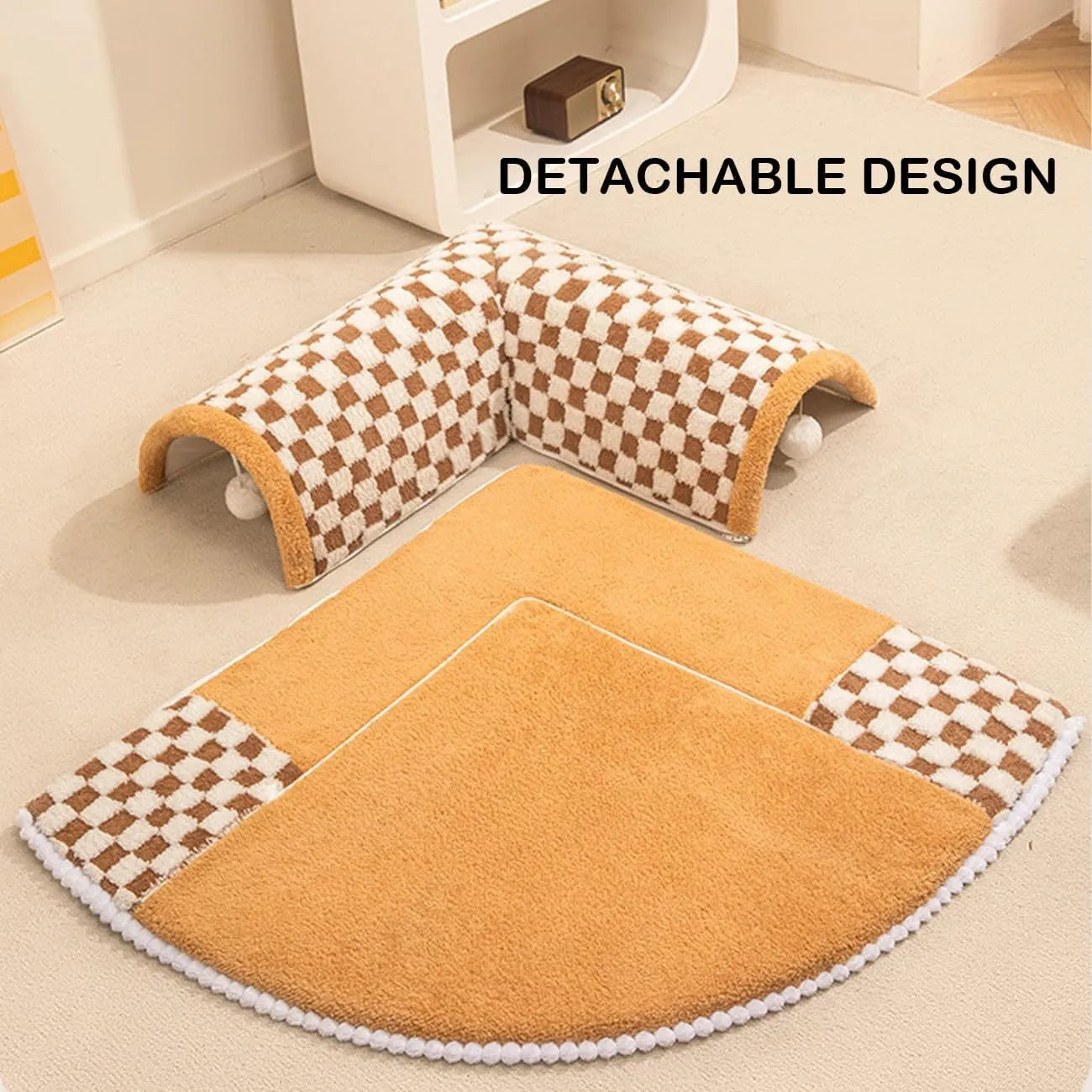 XL size coffee and yellow plush 2-in-1 pet bed with integrated tunnel for cats and dogs