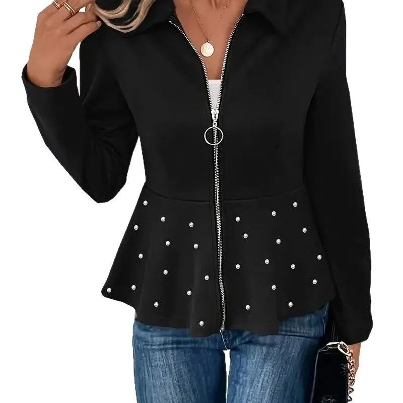 Women's black loose fit coat with heavy-duty zipper and beaded ruffled hem detail
