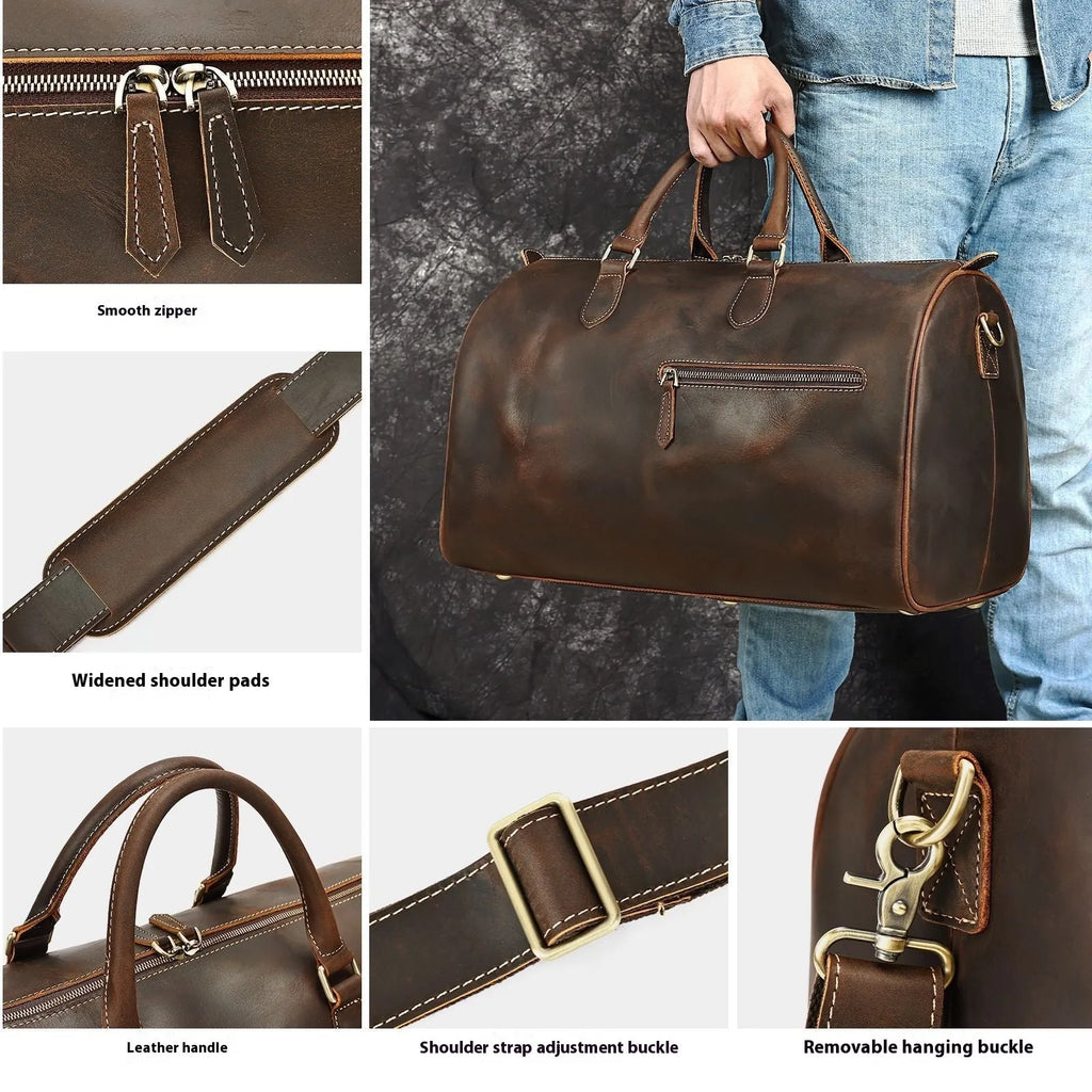 Men's large genuine leather crossbody bag in vintage style with shoulder strap