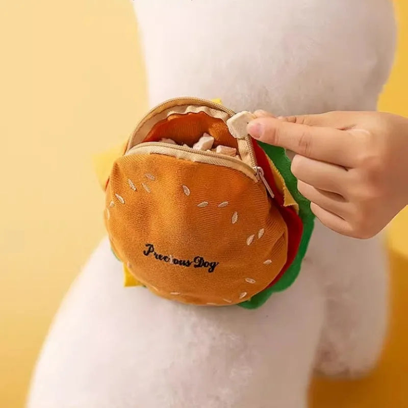 Cartoon hamburger print adjustable vest leash for a dog, showing hook-and-loop fasteners and attached rope.