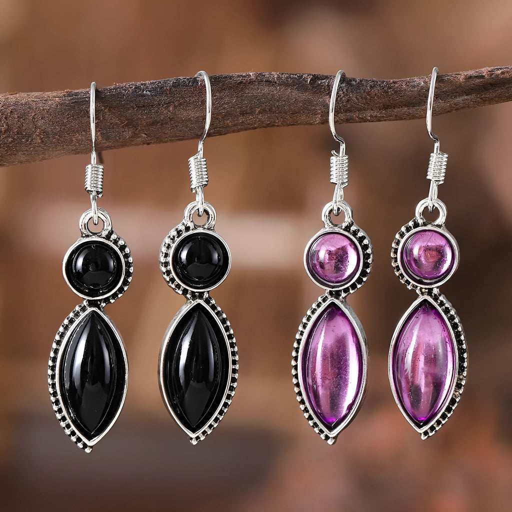 Black and purple geometric pendant earrings with round shapes and electroplated zinc alloy construction