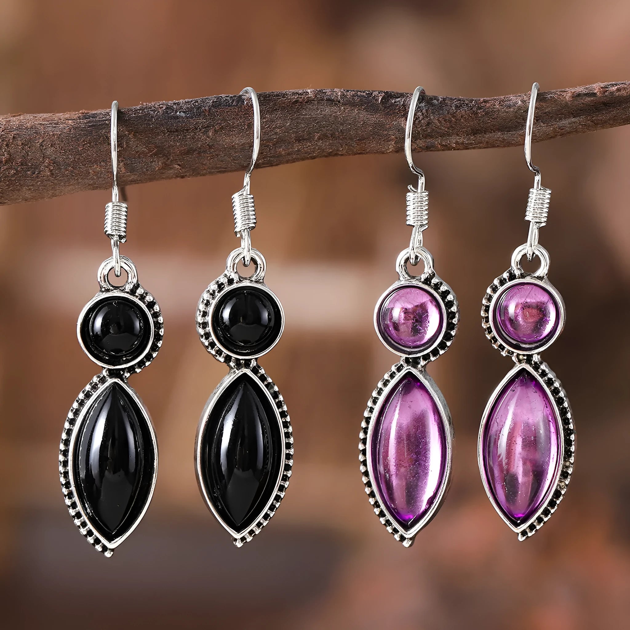 Black and purple geometric pendant earrings with round shapes and electroplated zinc alloy construction