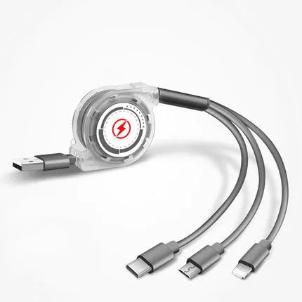 3 in 1 telescopic charging cable extended to 120 cm length with TPE wire and titanium connectors