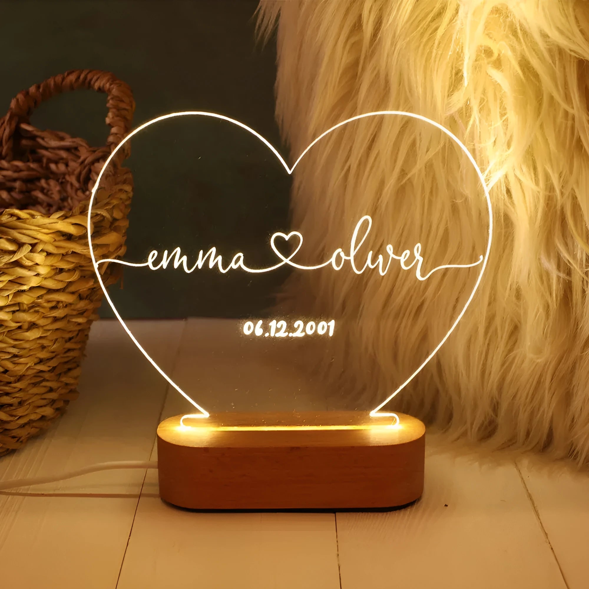 Personalised acrylic LED night light showing custom names and date, modern art design, 20cm by 11.5cm