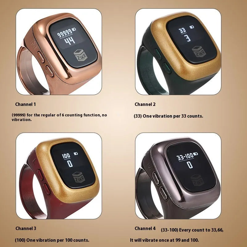 Electronic dhikr counter on wrist showing digital display, available in black, space gray, rose gold, silver, wine red, or green.