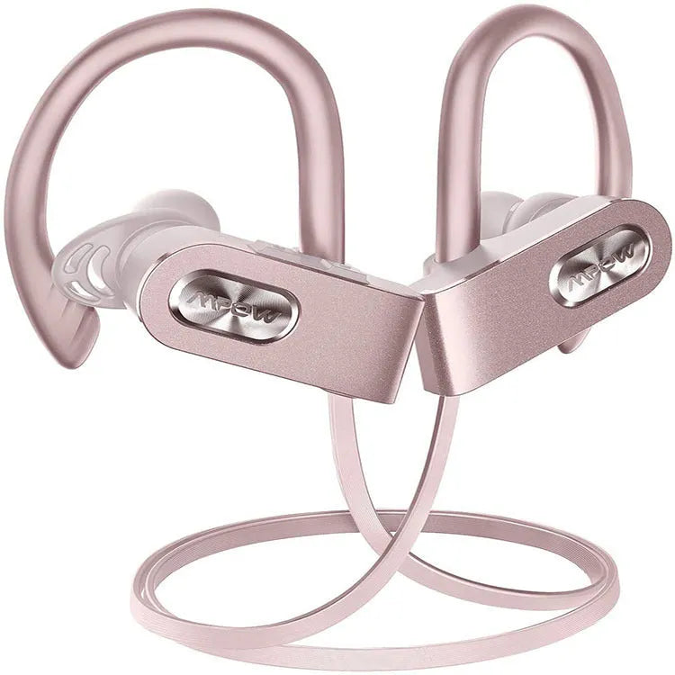 Red hanging ear Bluetooth headset showing bilateral earpieces design