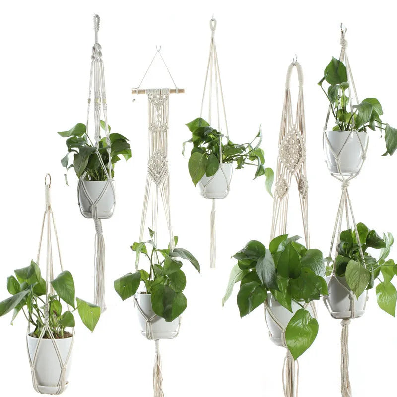 Beige handmade cotton rope hanging basket sling holding a flower pot with 12-18cm bottom diameter
