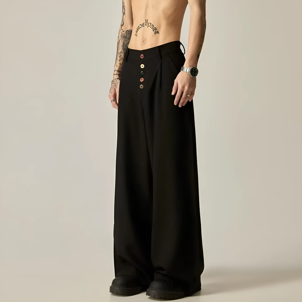 Men's black vertical tube wide-leg casual trousers with button fly and mid-waist design