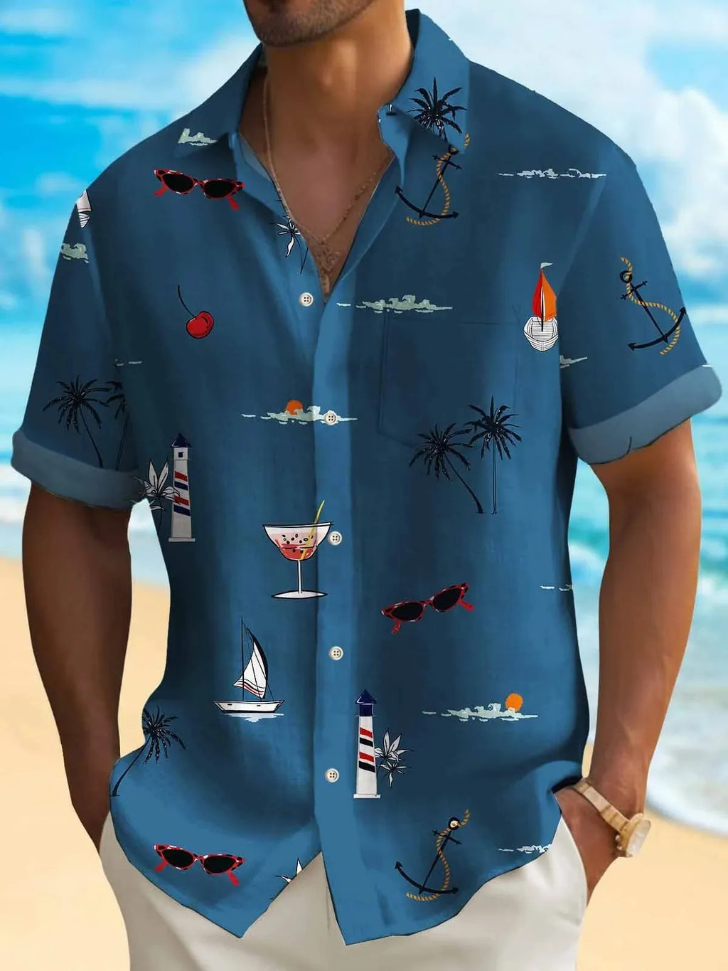 Man wearing a loose-fit short-sleeve Hawaiian shirt with a colourful digital print pattern.