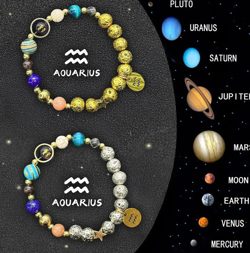 Two natural stone beaded bracelets for zodiac signs laid out side by side.