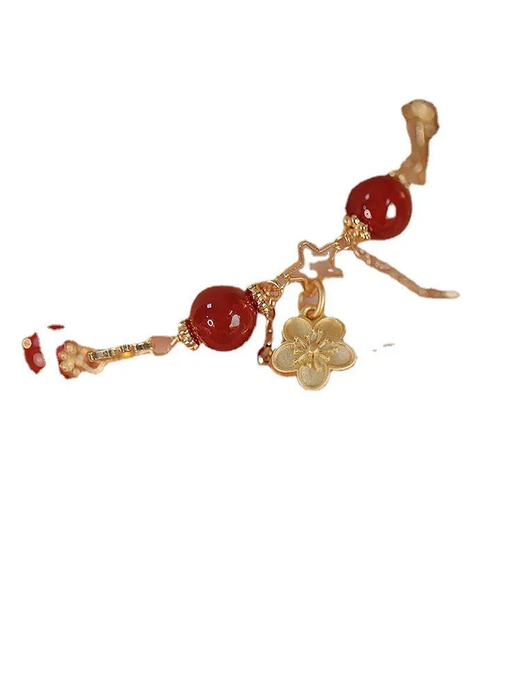 Red agate double layer bracelet with floral peach blossom design, handcrafted women's jewellery