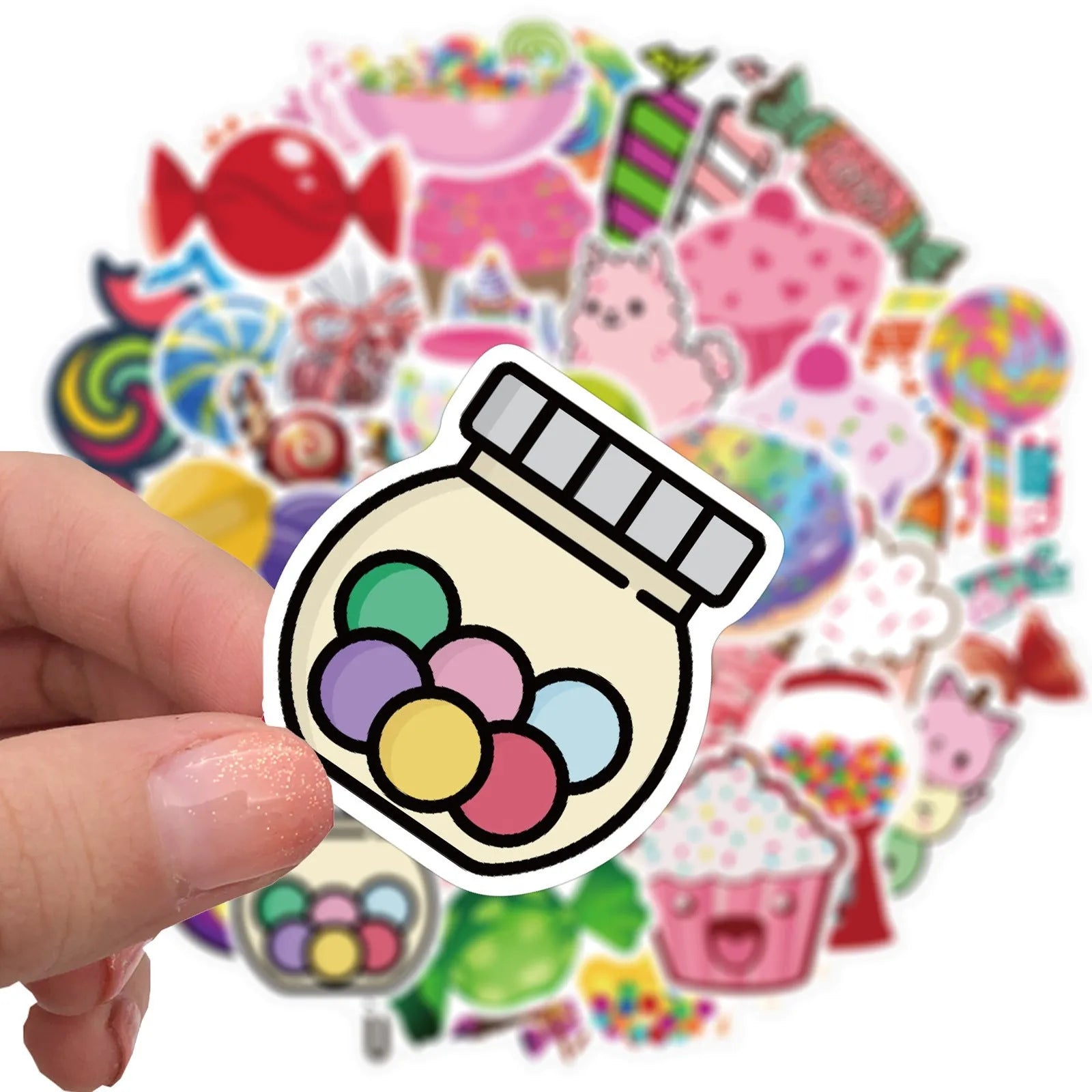 Candy Series colourful graffiti stickers pack showing cartoon and cute designs measuring 4-6cm