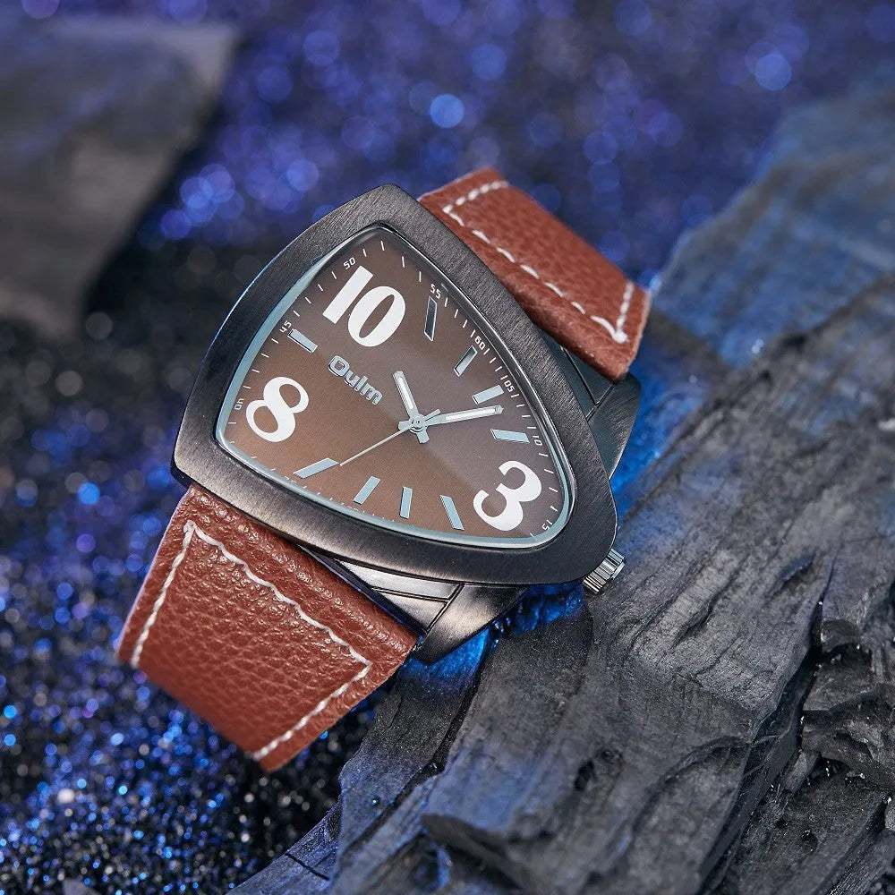 Men's casual triangle belt quartz watch with leather strap and stainless steel 9mm case