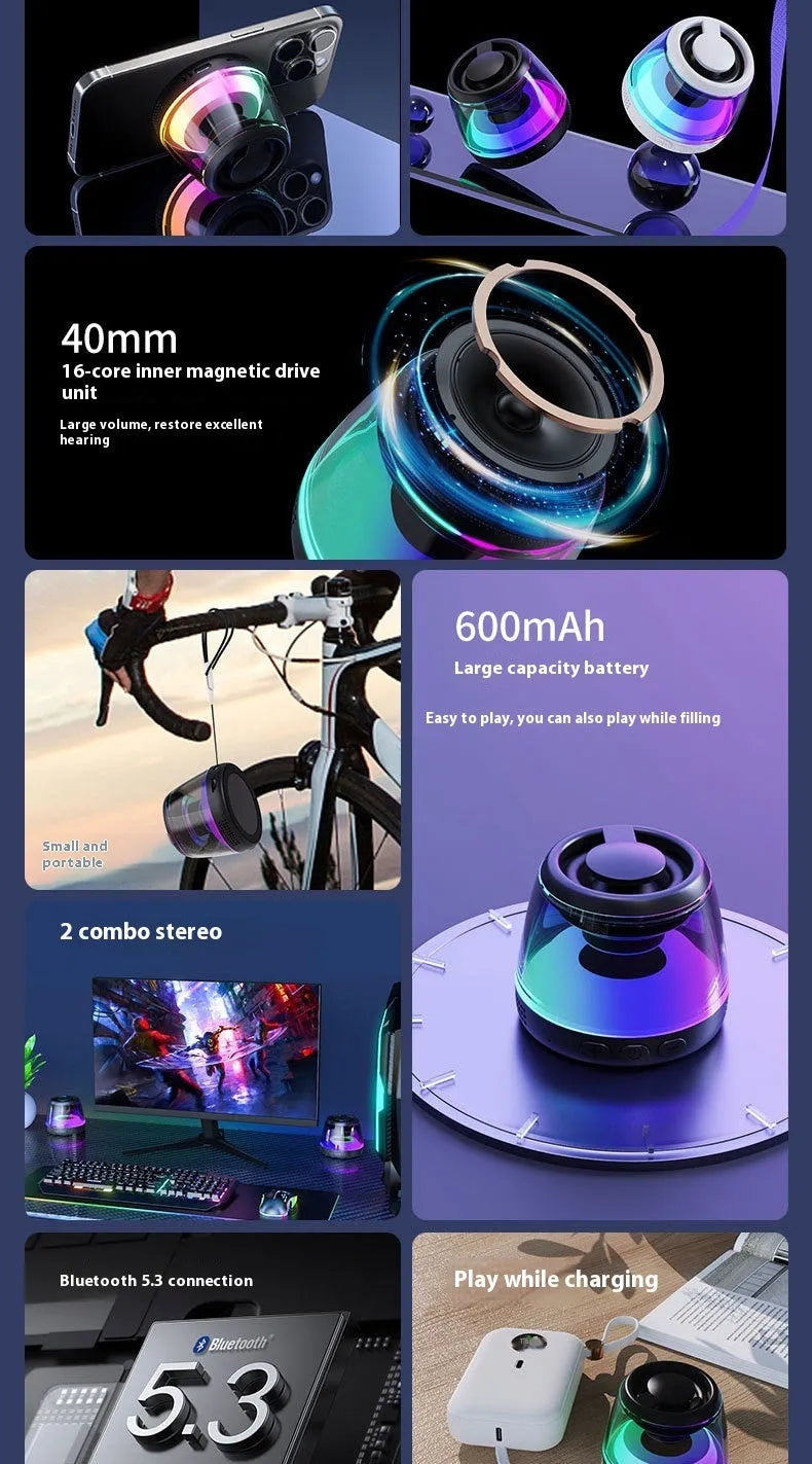 Portable Bluetooth speaker with ambient lighting and magnetic base in black or white colour