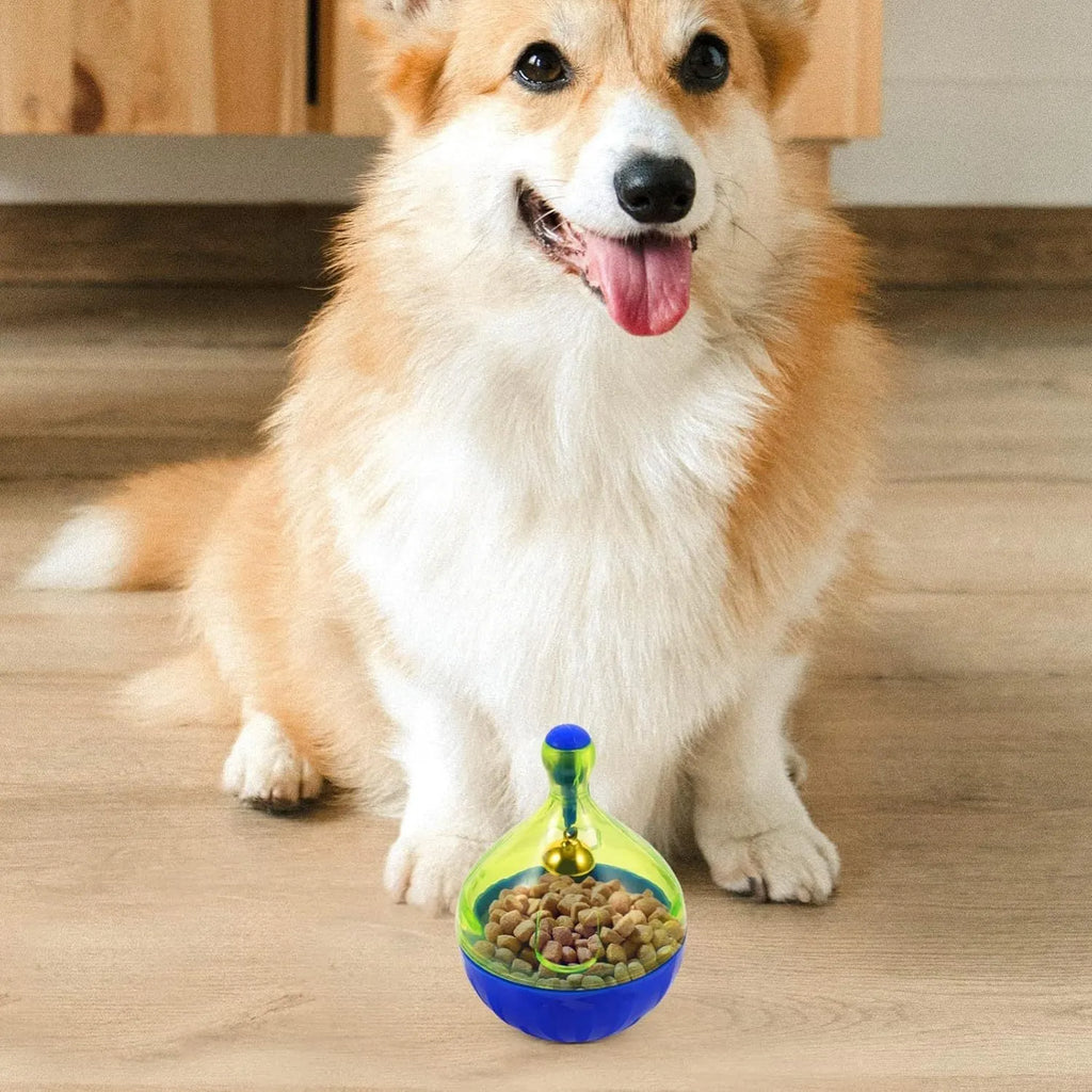 Blue interactive pet treat dispenser tumbler ball for dogs and cats on a wooden floor