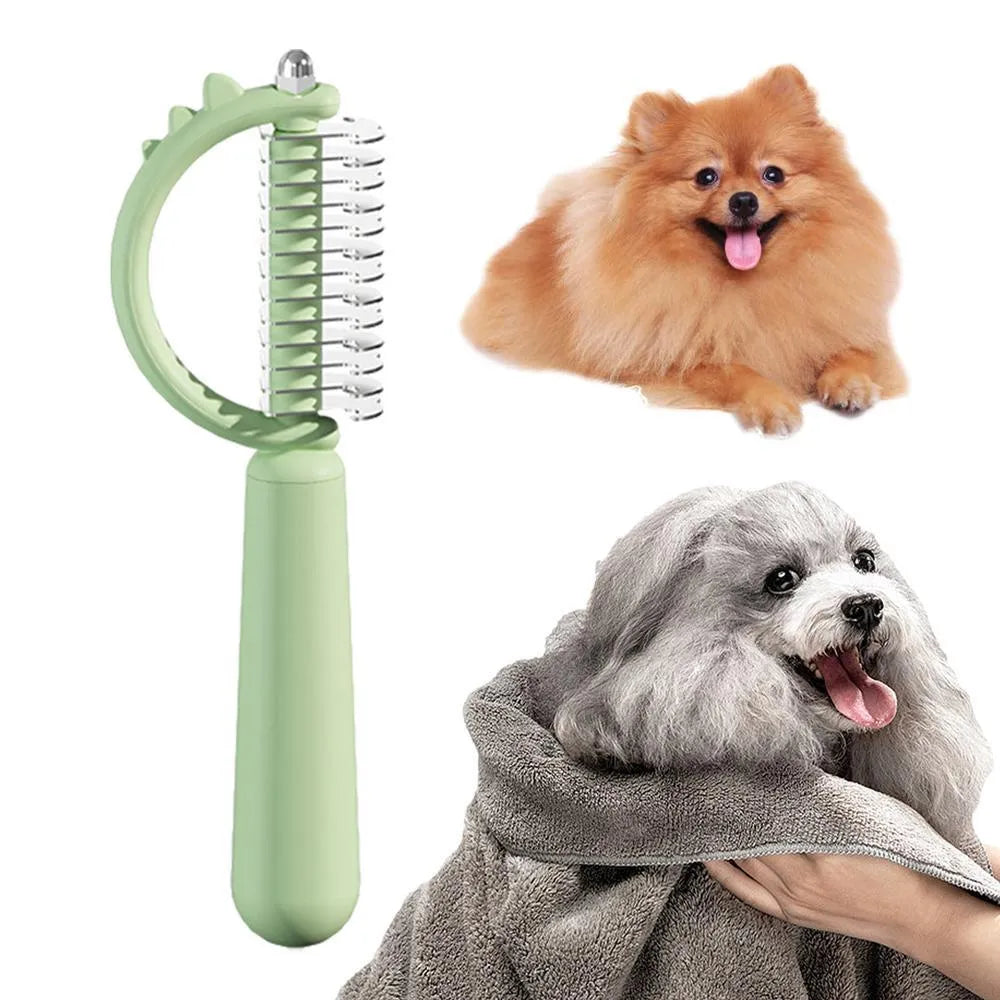 Blue dinosaur-shaped cat brush with stainless steel pins for self-cleaning grooming and dematting