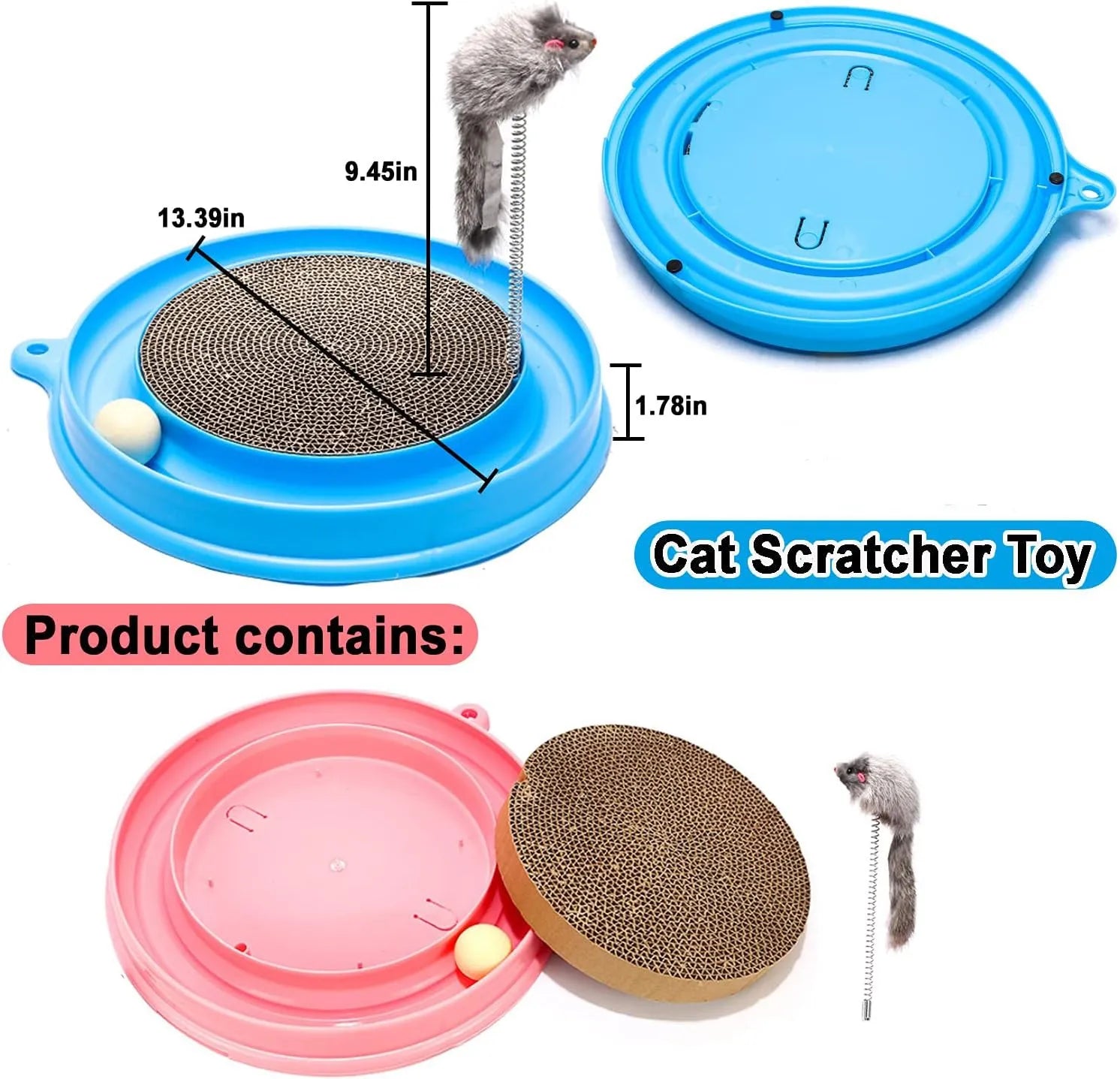 Blue interactive cat scratcher toy with a round scratching pad, ball track, and a mouse swatter on a circular base.