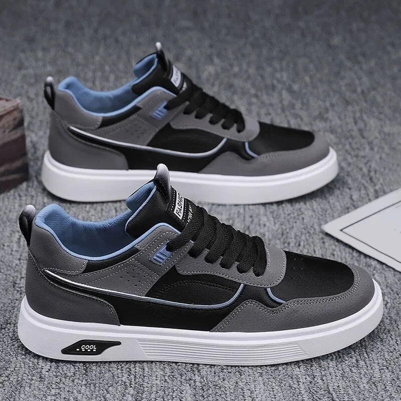 Men's low-top canvas board shoes in beige with leather stitching and mesh lining.