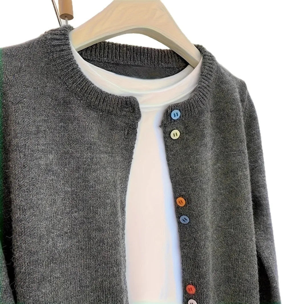 Dark grey women's cardigan sweater with button front and long sleeves