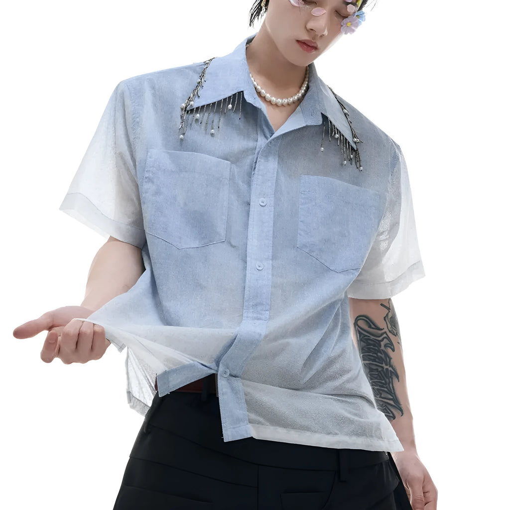 Men's loose fit blue and white gradient short sleeve shirt with quilted detailing