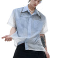 Men's loose fit blue and white gradient short sleeve shirt with quilted detailing