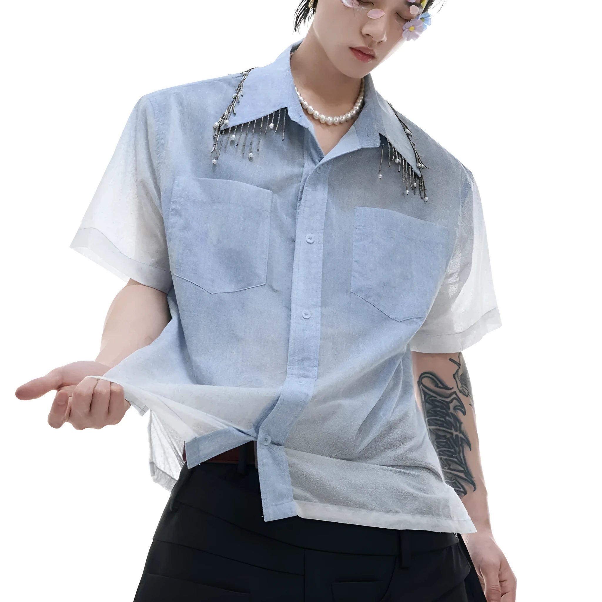 Men's loose fit blue and white gradient short sleeve shirt with quilted detailing