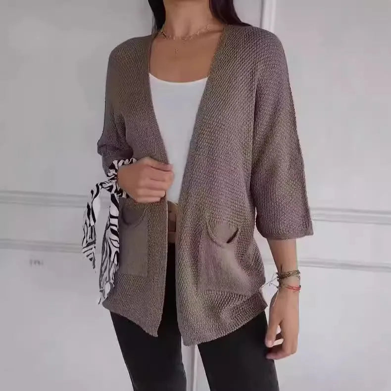 Women's thin waffle knit cardigan coat with nine-quarter sleeves and pockets in army green colour