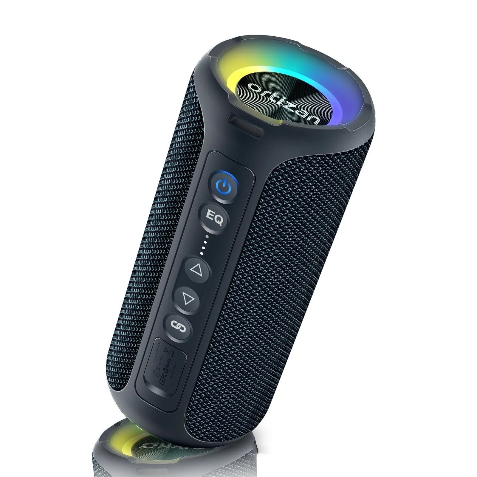 Black and blue 40W wireless Bluetooth fabric speaker with lighting effects showing front view