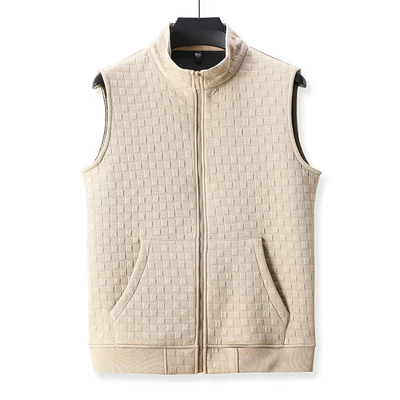 Men's open-front polyester waistcoat vest in black, shown on a hanger.