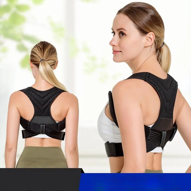 Black anti-humpback posture correction belt with open shoulder design