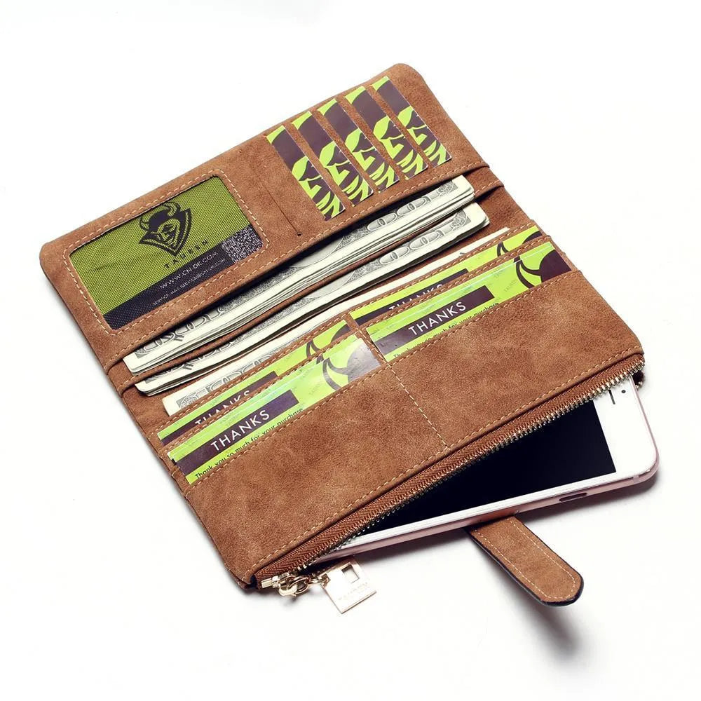 Women's long vertical zip wallet in retro matte PU leather, shown in an open two-fold view revealing internal card slots and compartments.