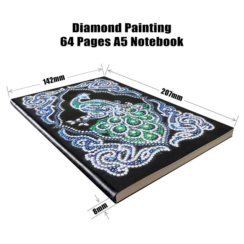 Black A5 diamond painting notebook with peacock design and rhinestone drills