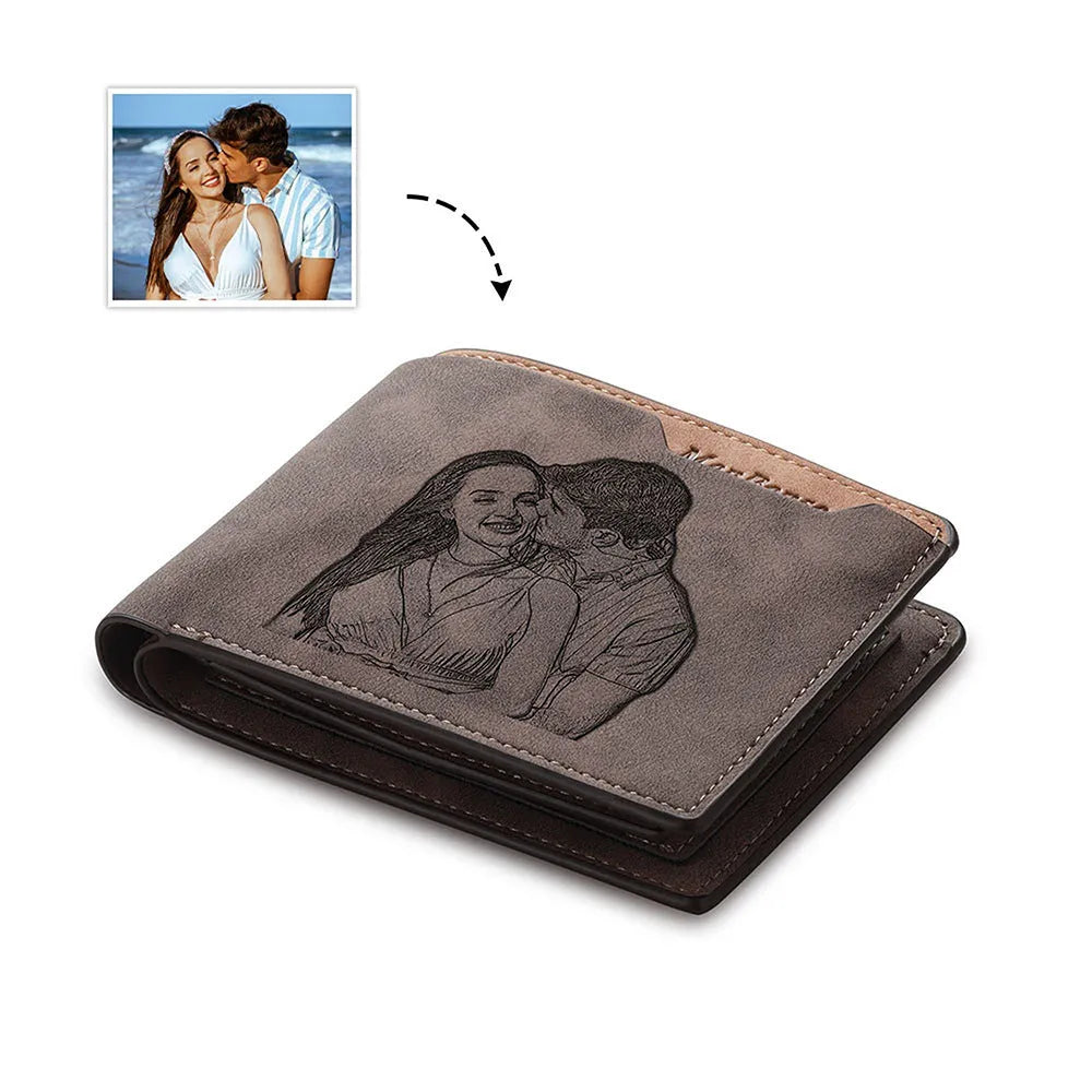 Engraved coffee coloured PU horizontal short wallet with custom lettering, shown with dimensions 120mm by 99mm.