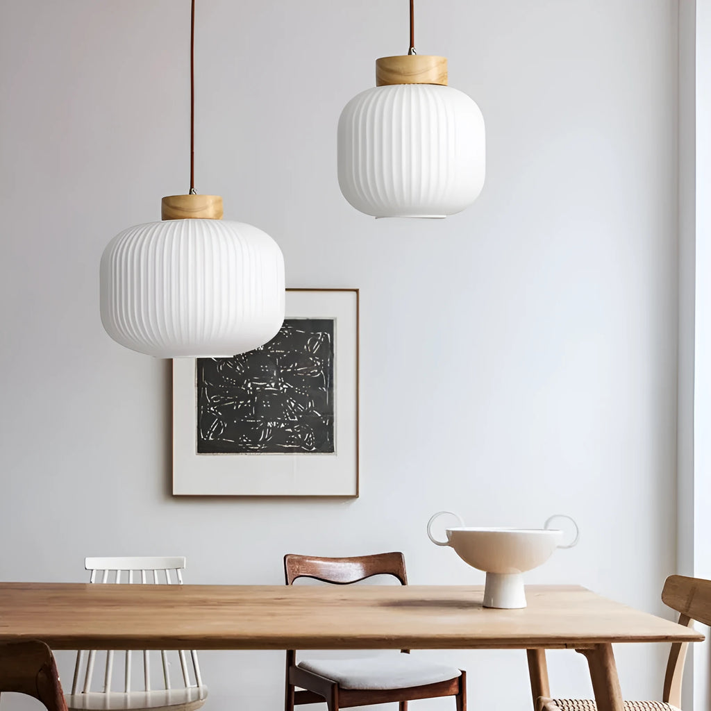 Nordic style wooden pendant ceiling light with solid wood retro design in a bedroom setting.