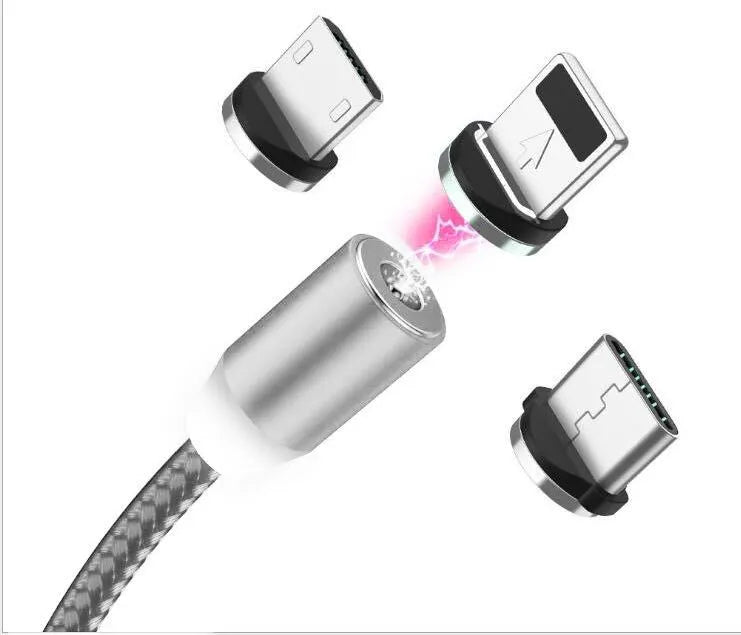 Black braided magnetic USB charging cable with LED light and aluminium connector.