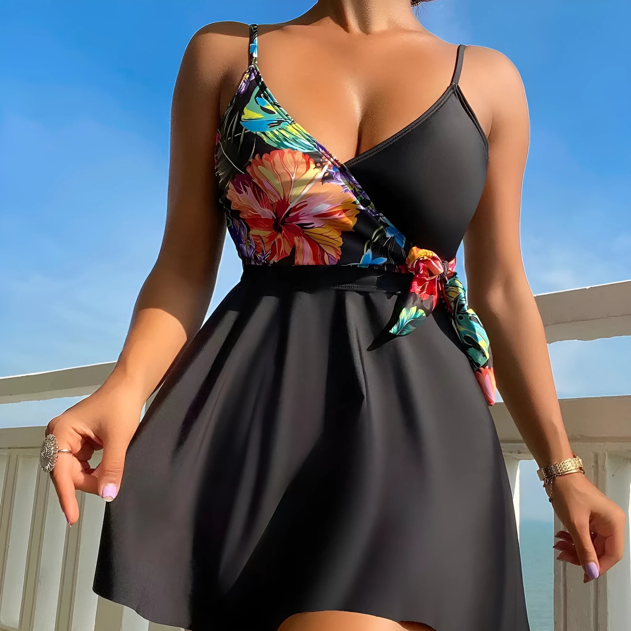 Black women's high waist printed bikini briefs for sports and swimming