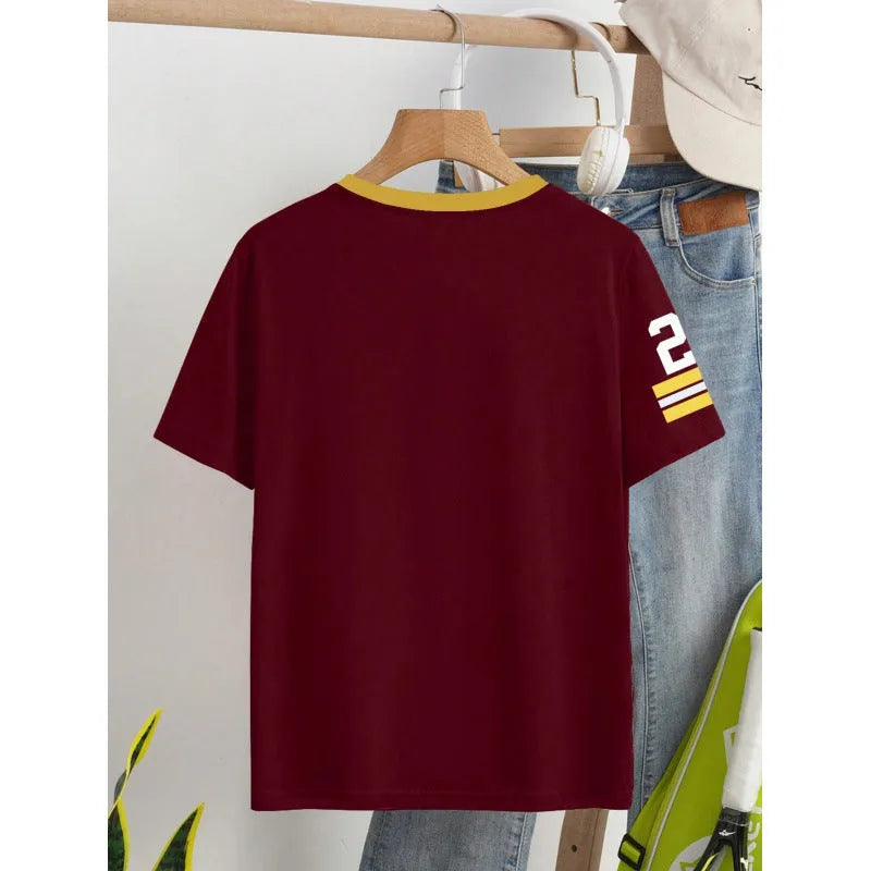 Red loose-fit cotton t-shirt with casual digital letter print and short sleeves.