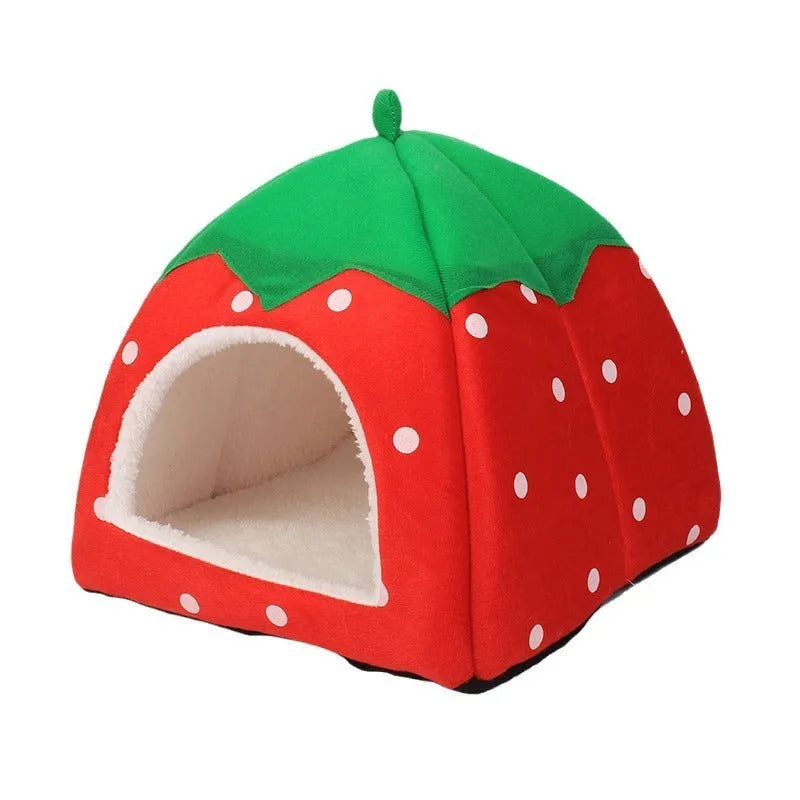 Plush strawberry-shaped pet cat nest in pink, suitable for small dogs and cats