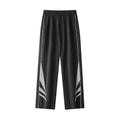 Men's black straight leg sports trousers with elastic waistband shown on hanger