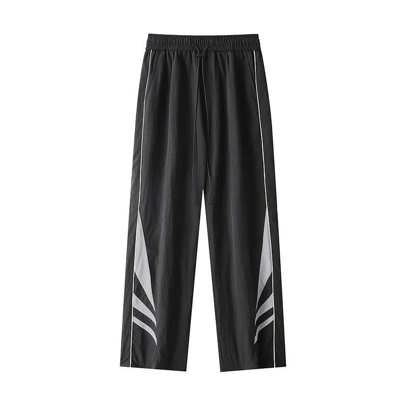 Men's black straight leg sports trousers with elastic waistband shown on hanger