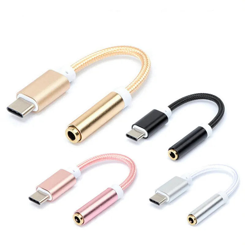 Type-C to 3.5mm audio adapter cable with nylon braiding in black, silver, gold and rose gold colours