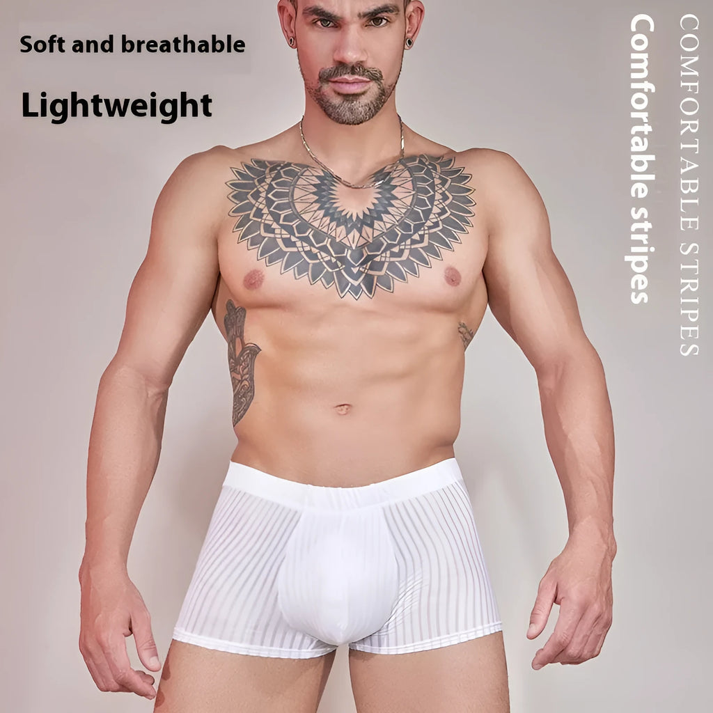 Men's black and white striped thin nylon underwear laid flat.