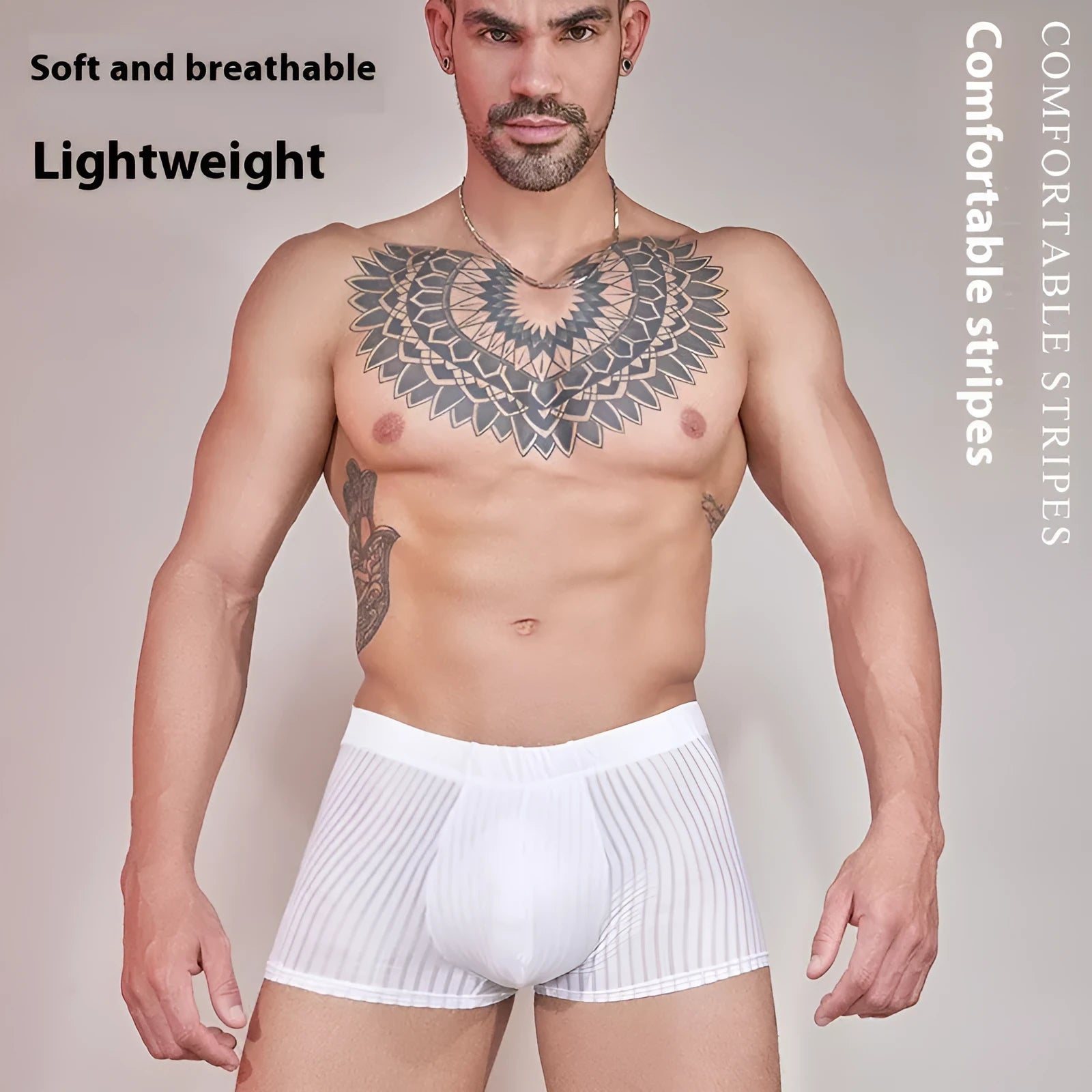Men's black and white striped thin nylon underwear laid flat.
