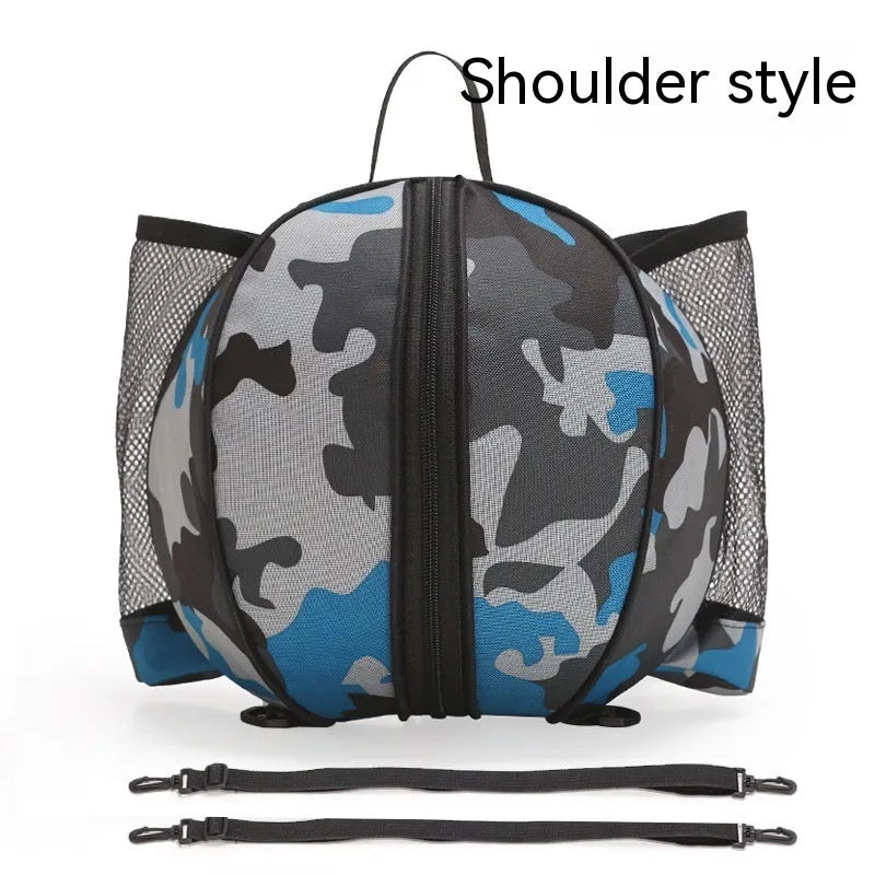 Black Oxford cloth basketball bag with one shoulder strap, shown next to a basketball.